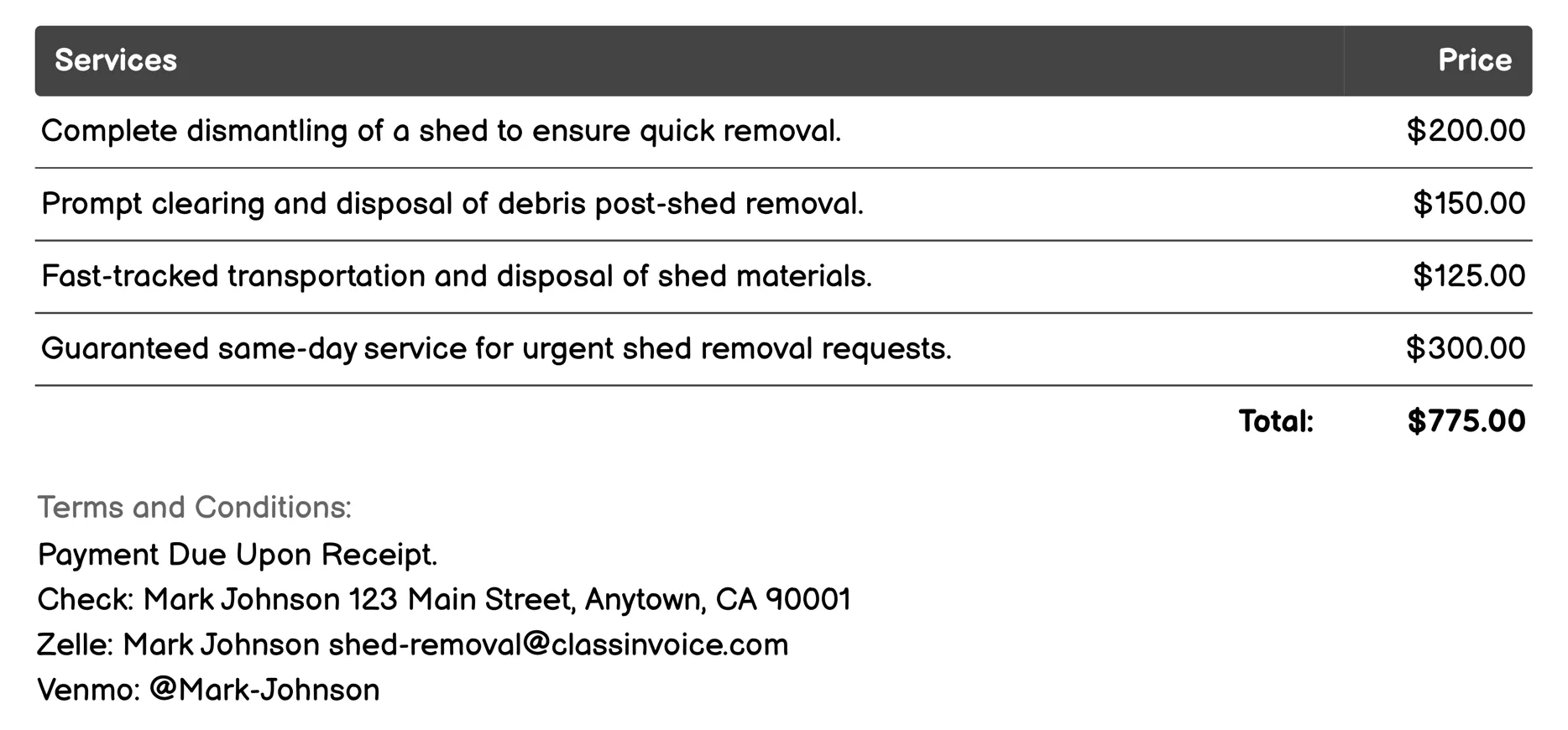 Emergency Removal Service Invoice Example