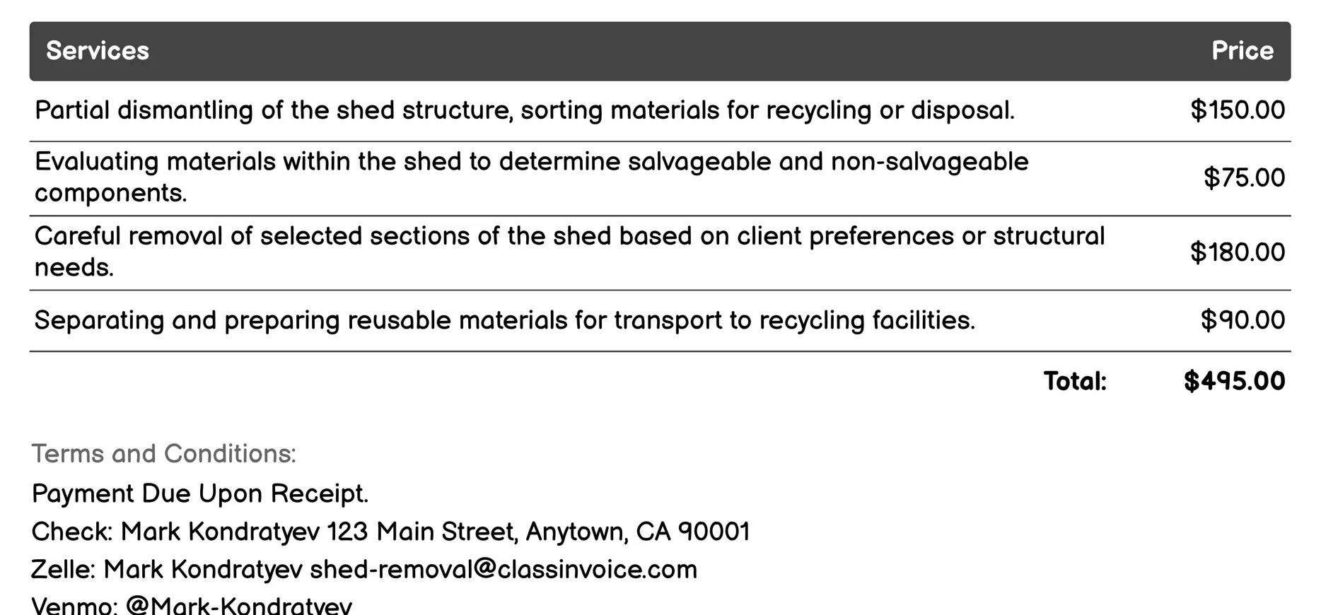 Partial Shed Removal Invoice Example