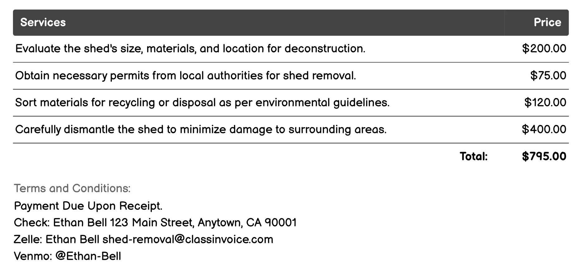 Shed Deconstruction Service Invoice Example