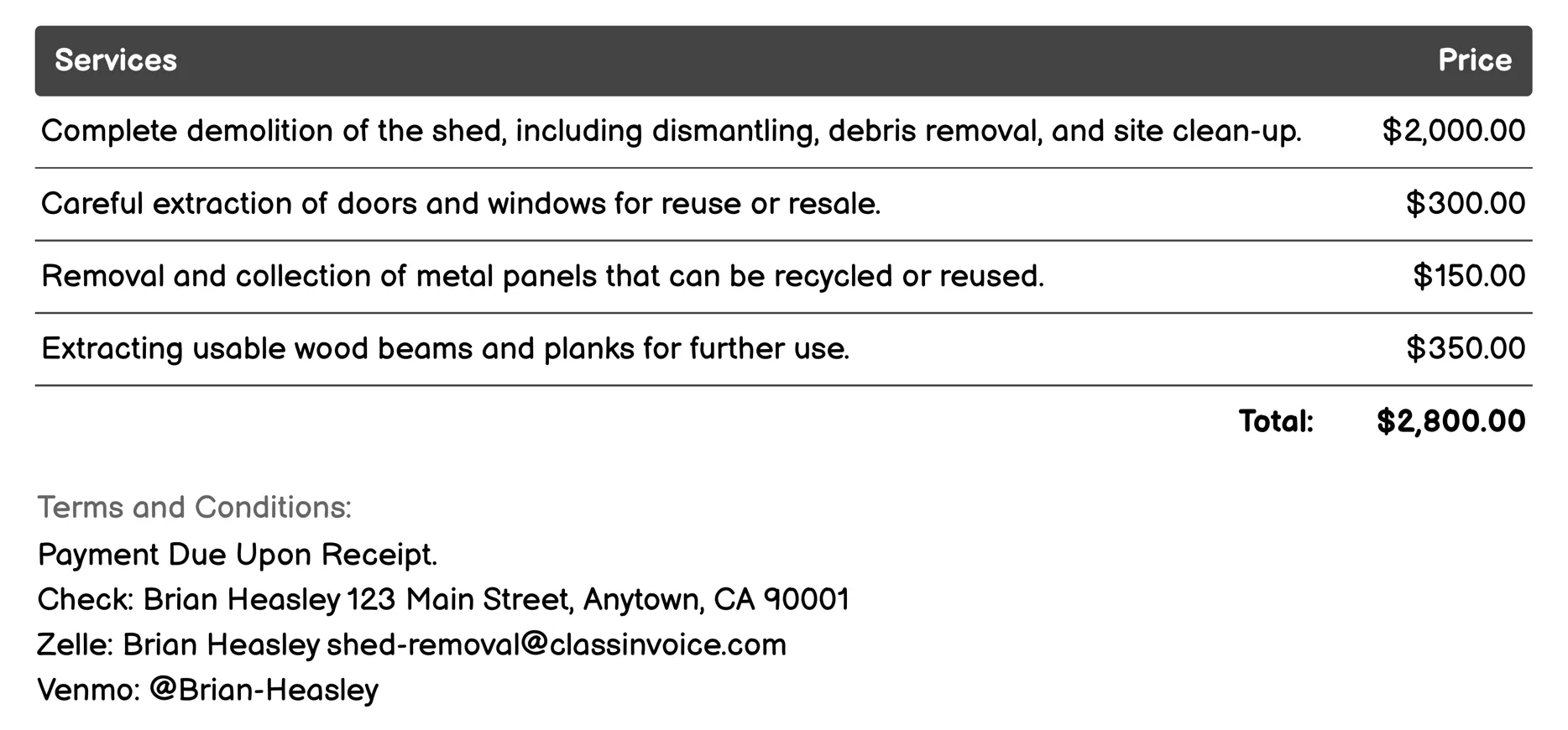 Shed Removal with Salvage Options Invoice Example