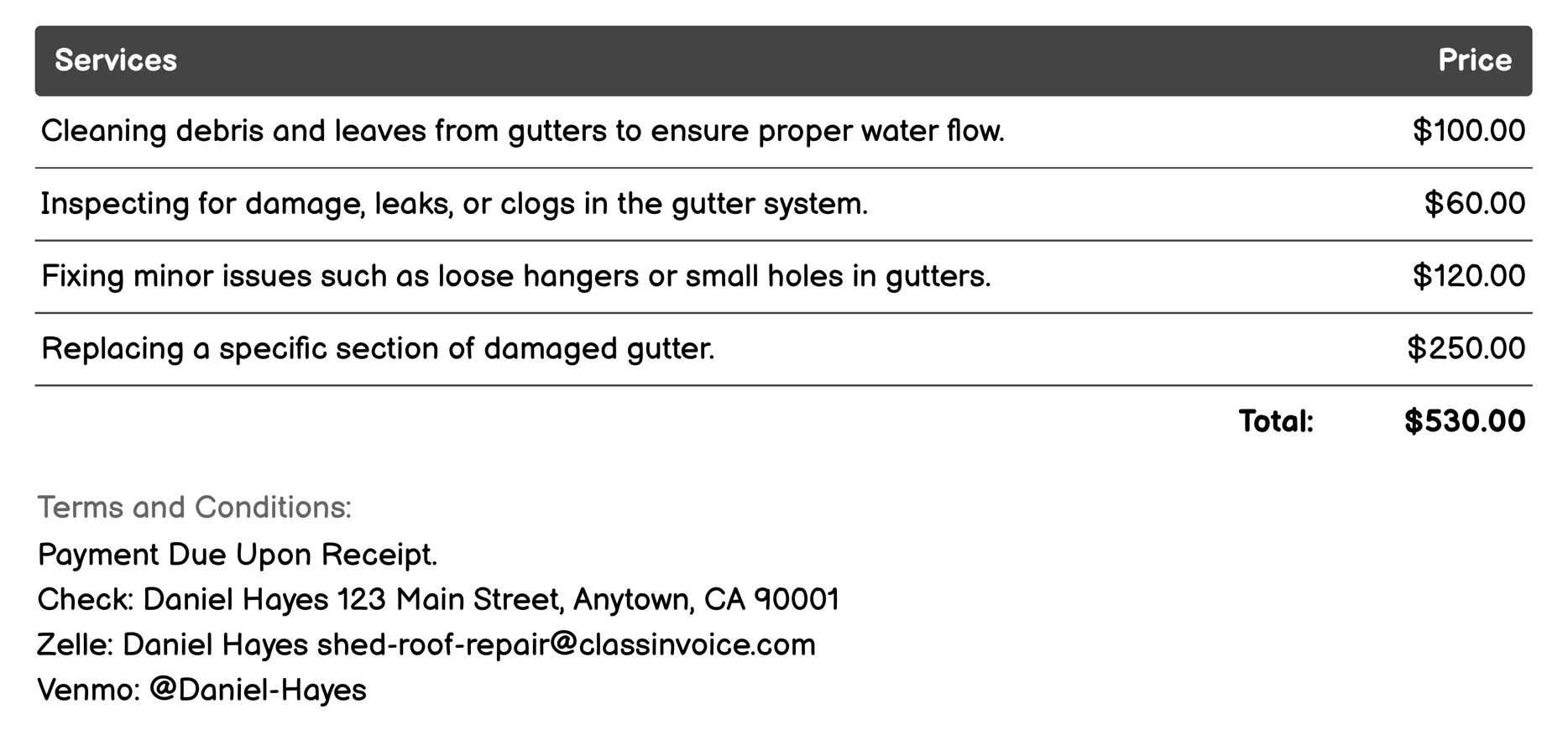 Gutter Cleaning and Repair Invoice Example