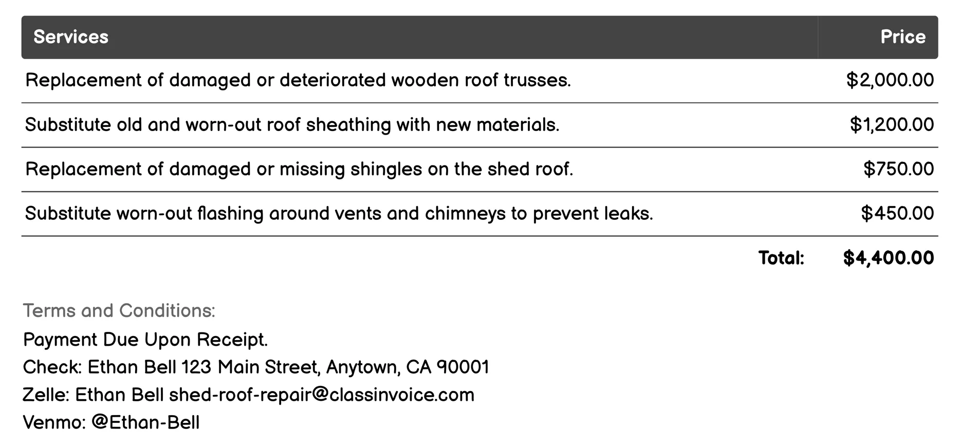 Material Replacement Invoice Example