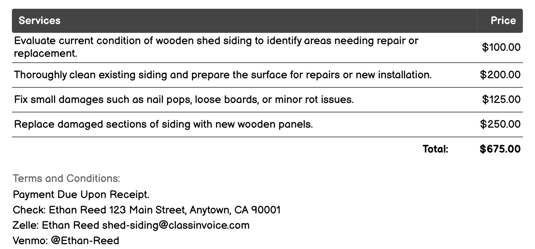 Wooden Shed Siding Invoice Example