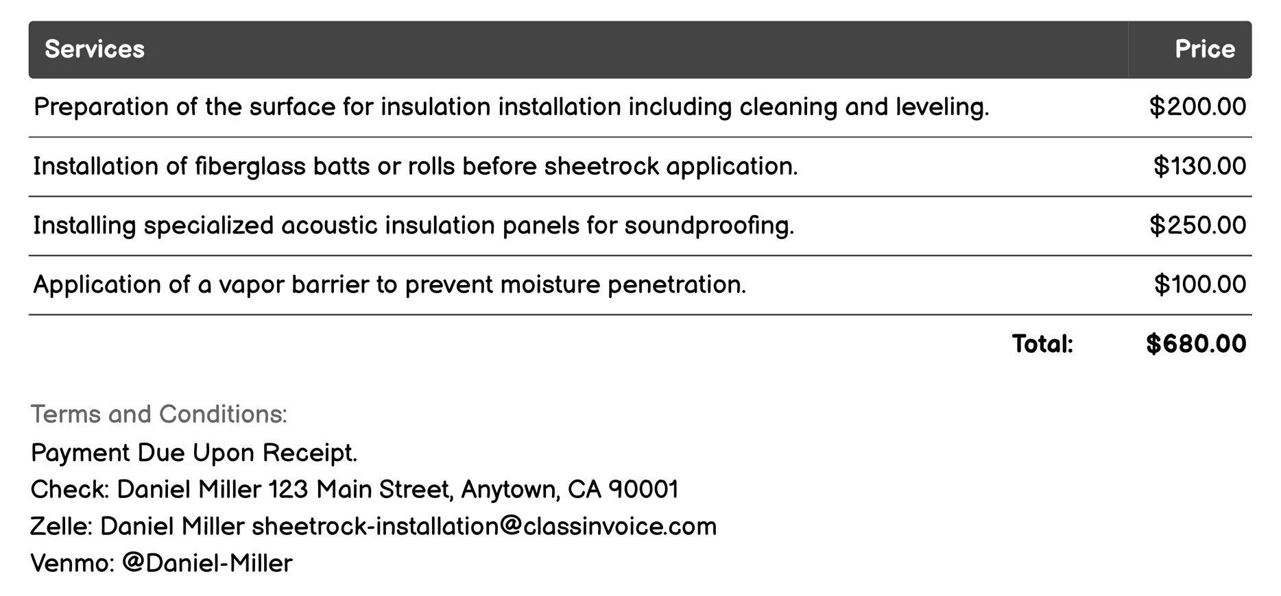 Insulated Sheetrock Installation Invoice Example