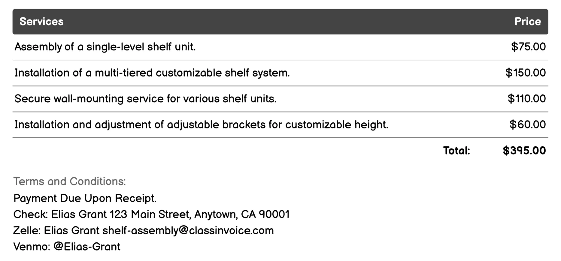Customizable Shelf Units Invoice Example
