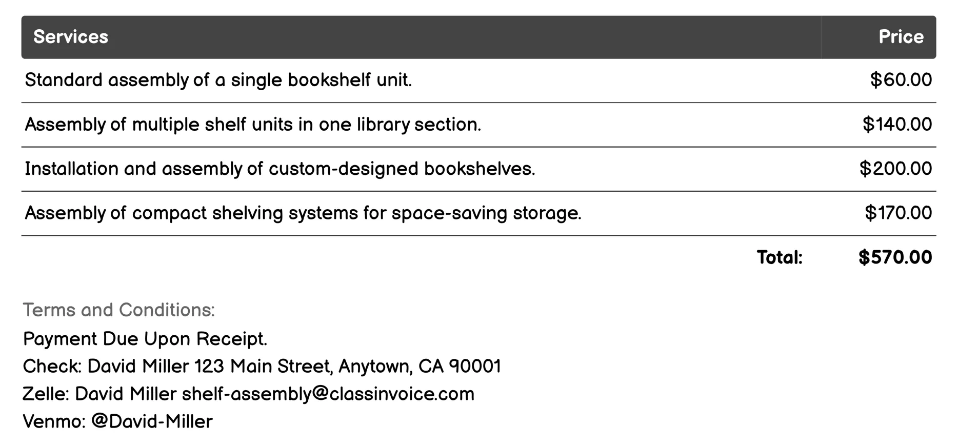 Library and Bookshelf Services Invoice Example