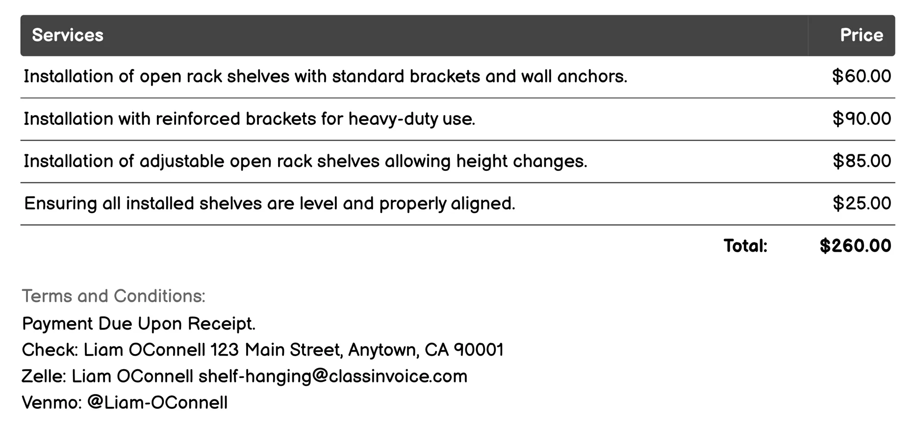 Open Rack Shelves Invoice Example