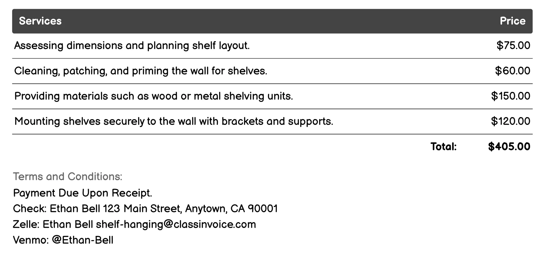 Window Seat with Shelving Invoice Example