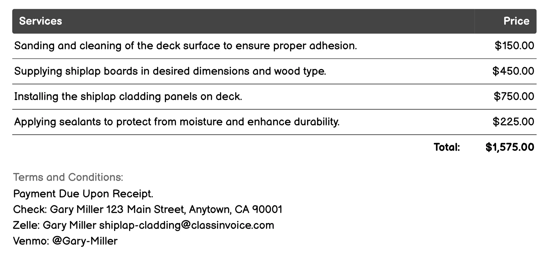 Deck Cladding Invoice Example