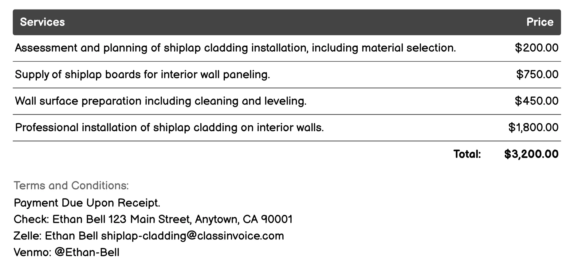 Interior Wall Paneling Invoice Example