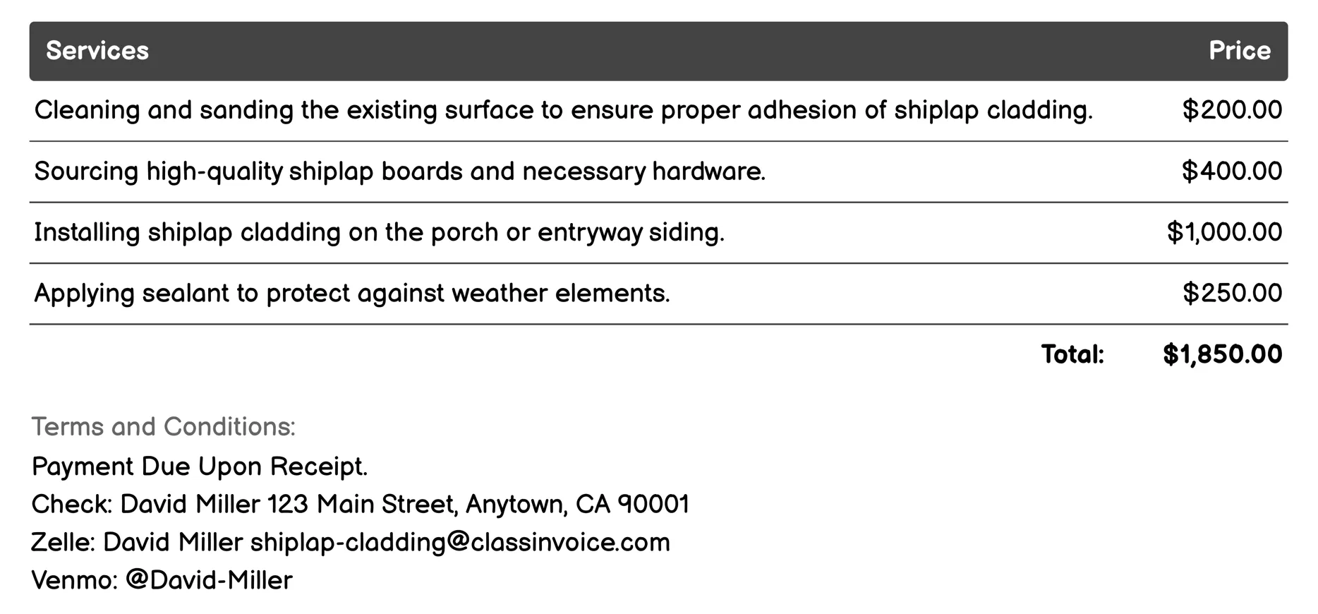 Porch and Entryway Siding Invoice Example