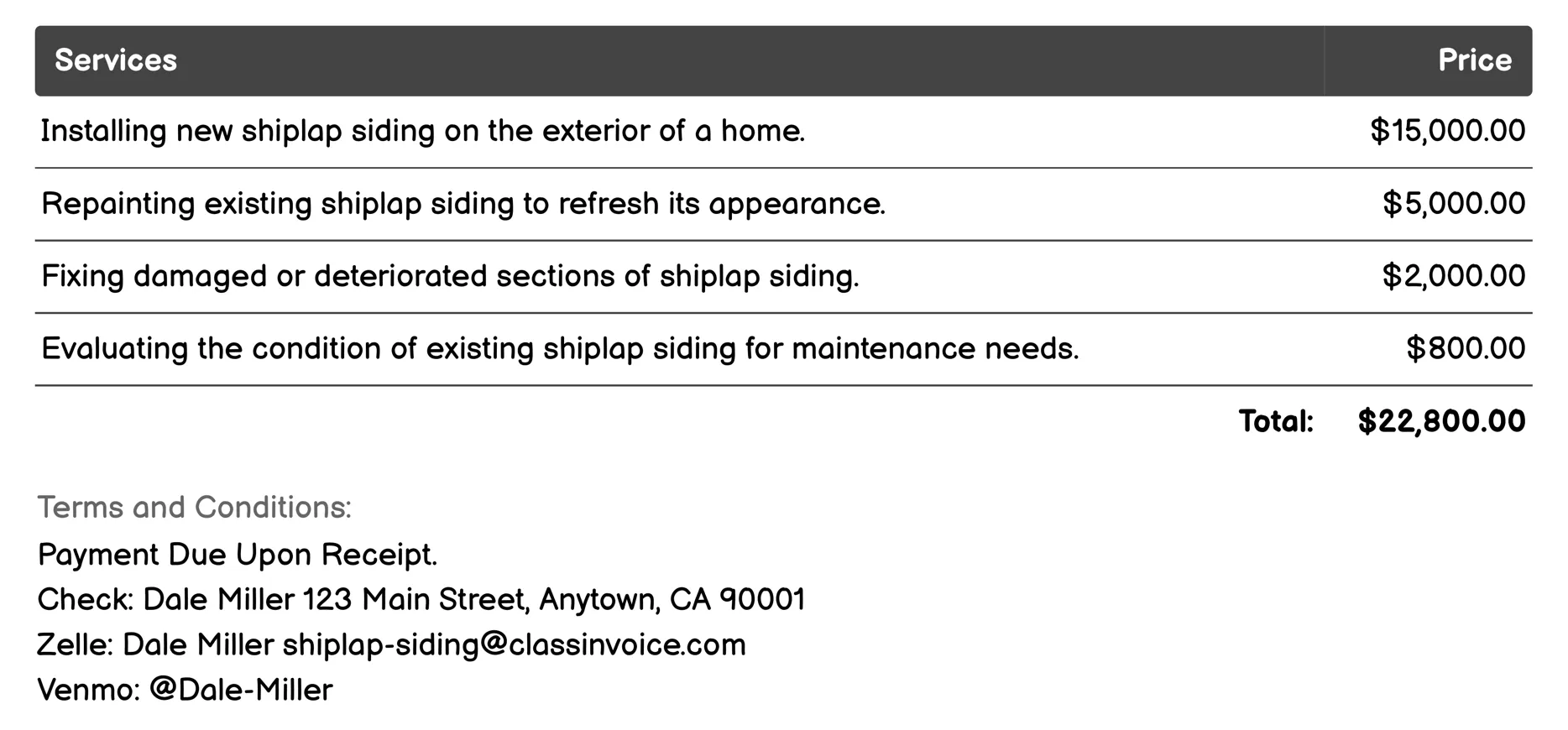 Finishing Invoice Example