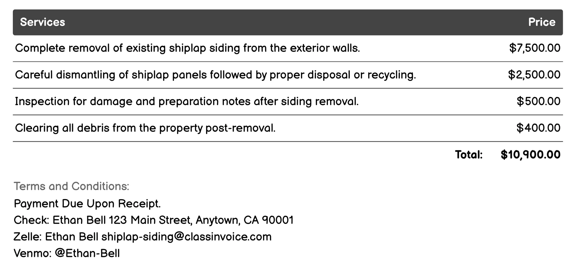 Removal Invoice Example
