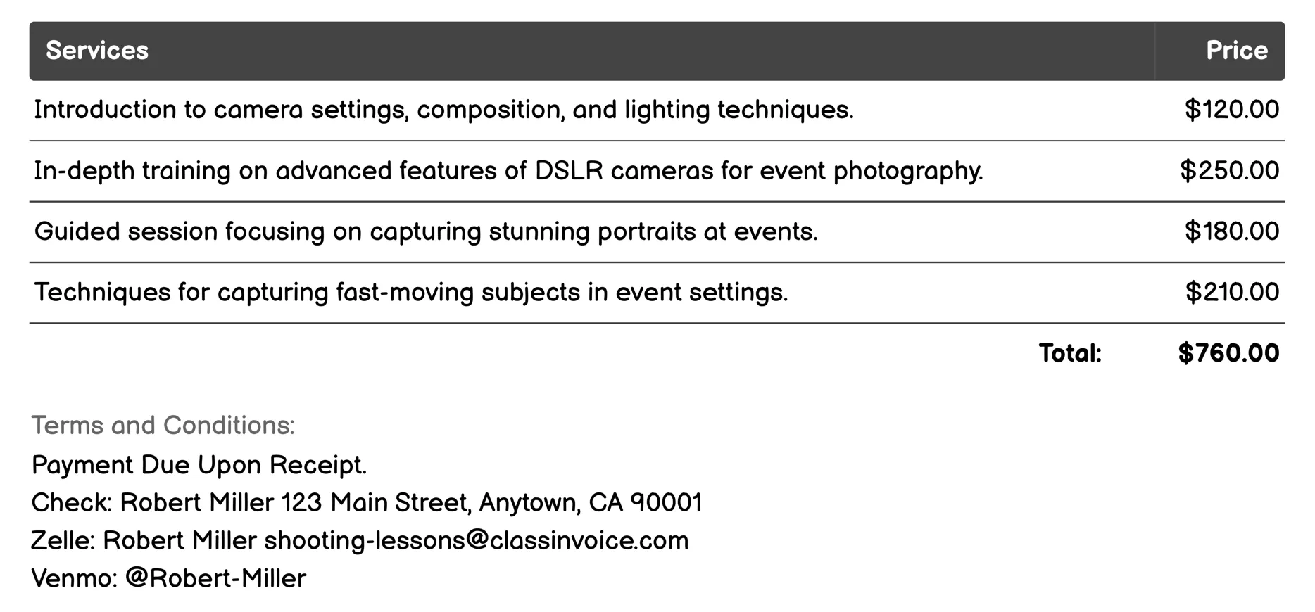 Event Photography Invoice Example