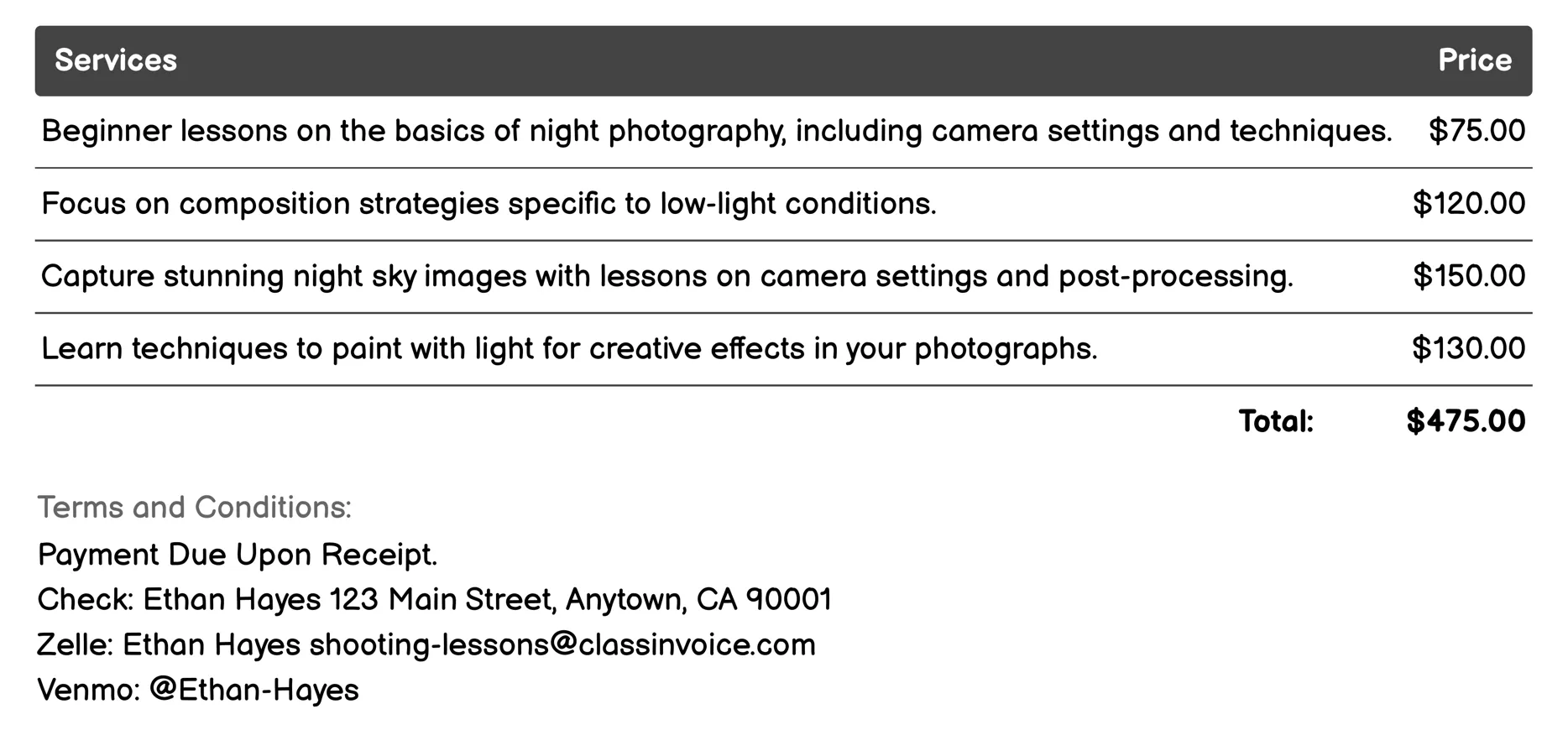 Night Photography Invoice Example