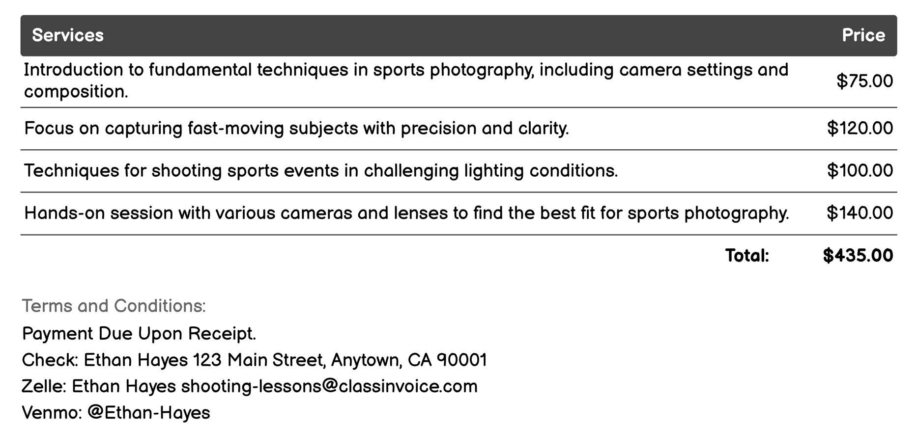 Sports Photography Invoice Example