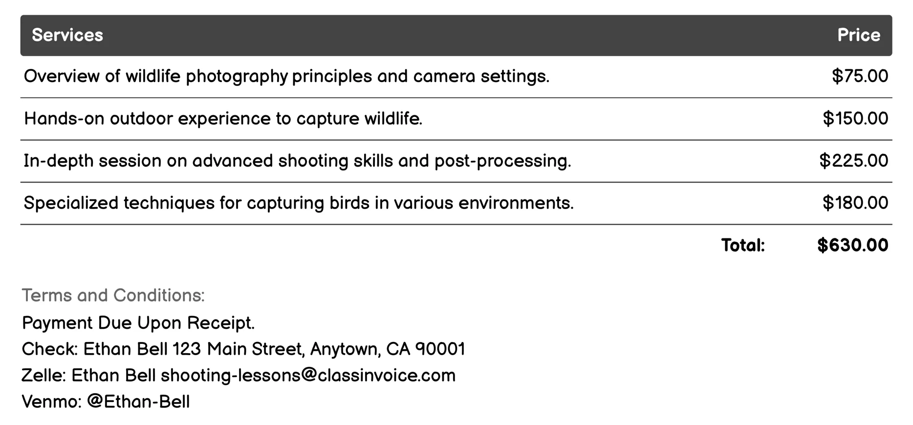 Wildlife Photography Invoice Example