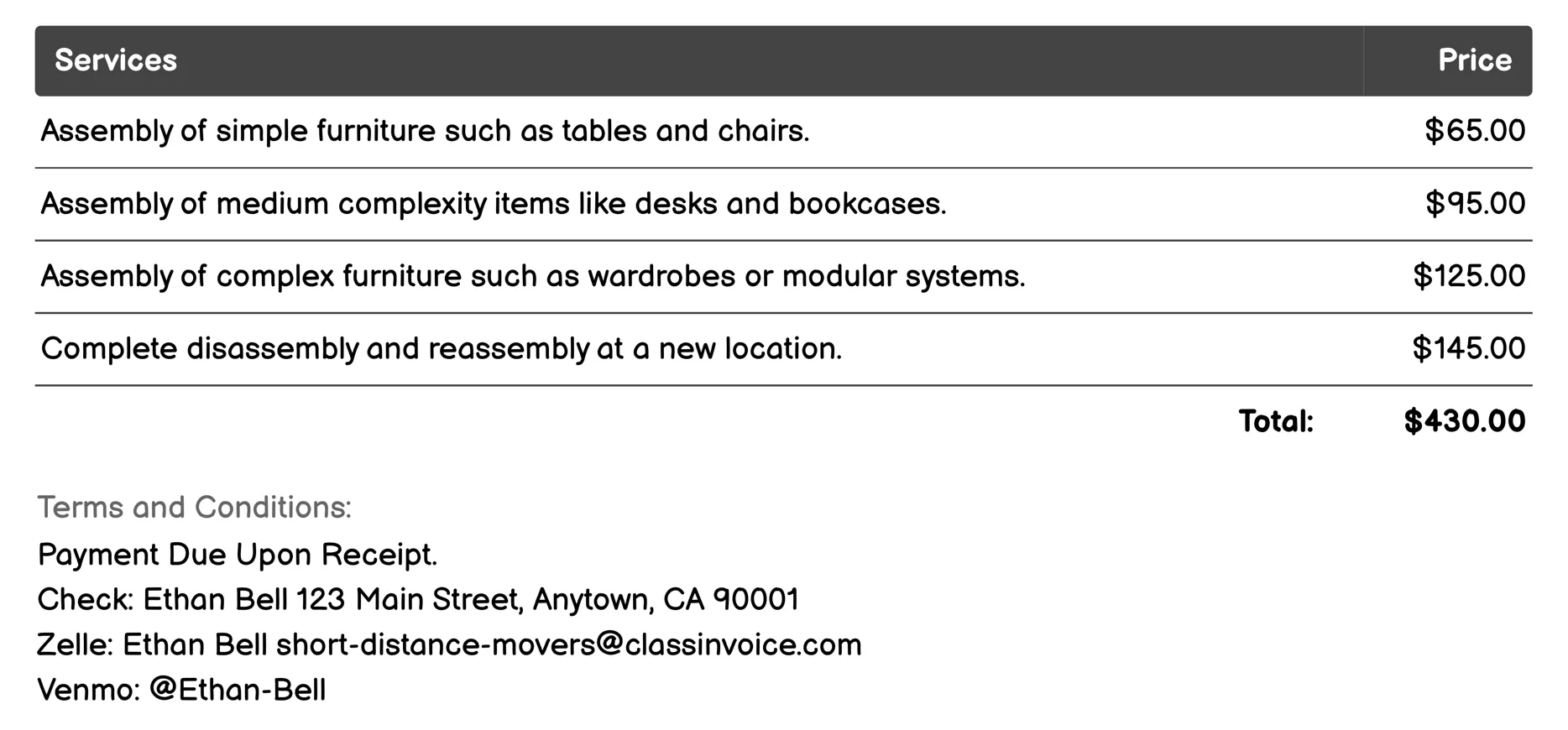 Furniture Assembly Invoice Example