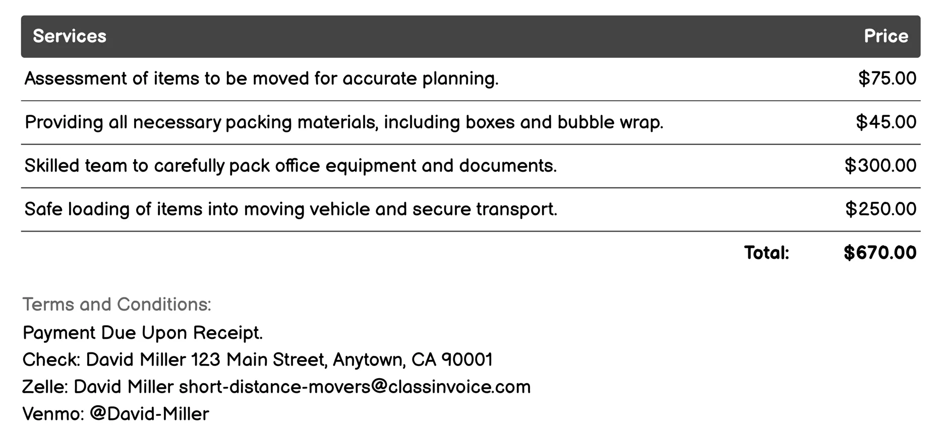Office Relocation Invoice Example
