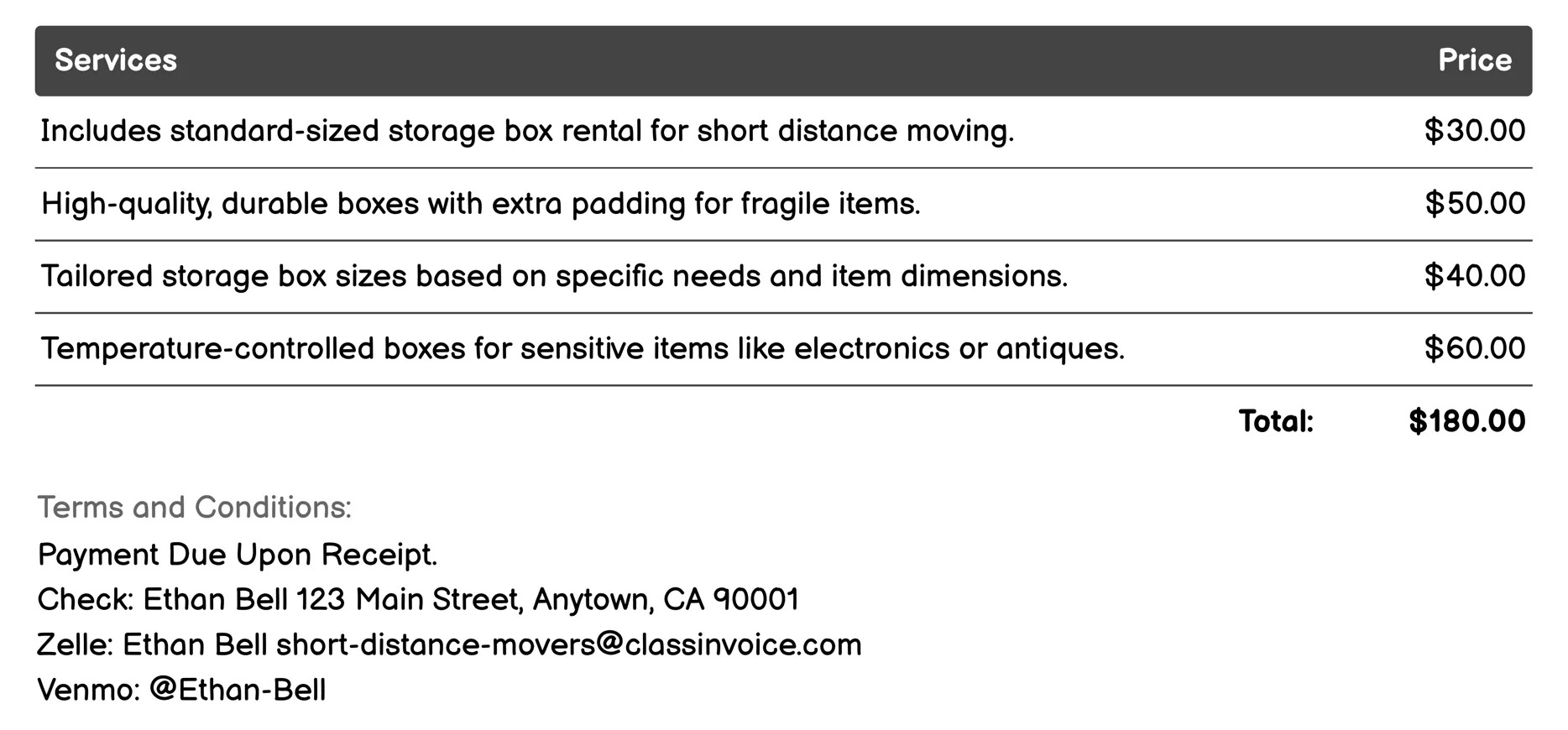 Storage Box Rental Invoice Example