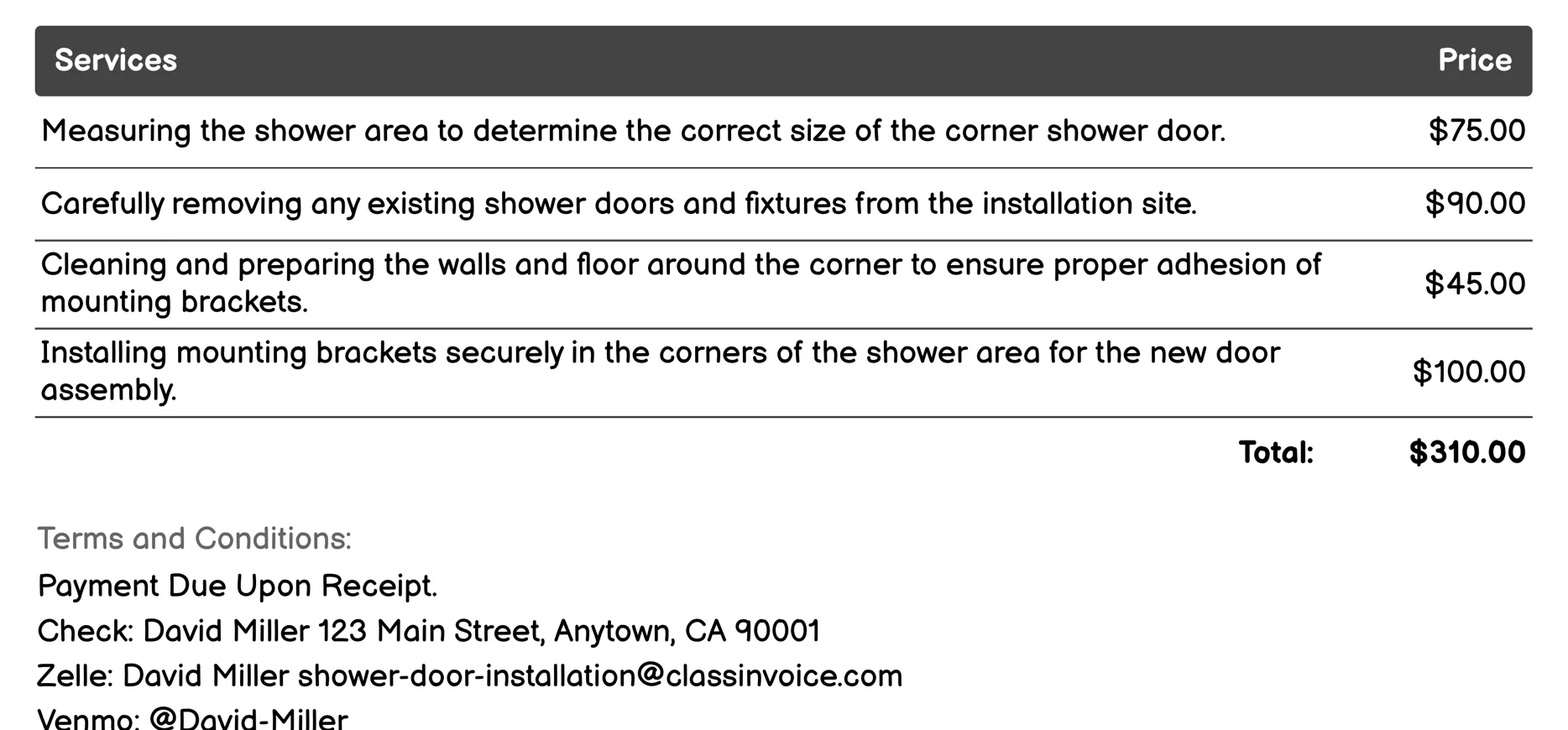 Corner Shower Door Installation Invoice Example
