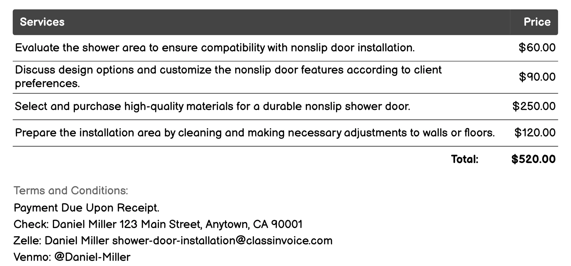 Nonslip Shower Door Installation Invoice Example
