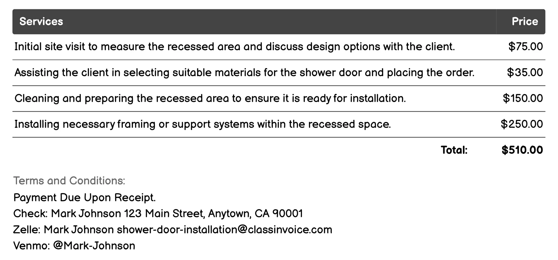 Recessed Shower Door Installation Invoice Example