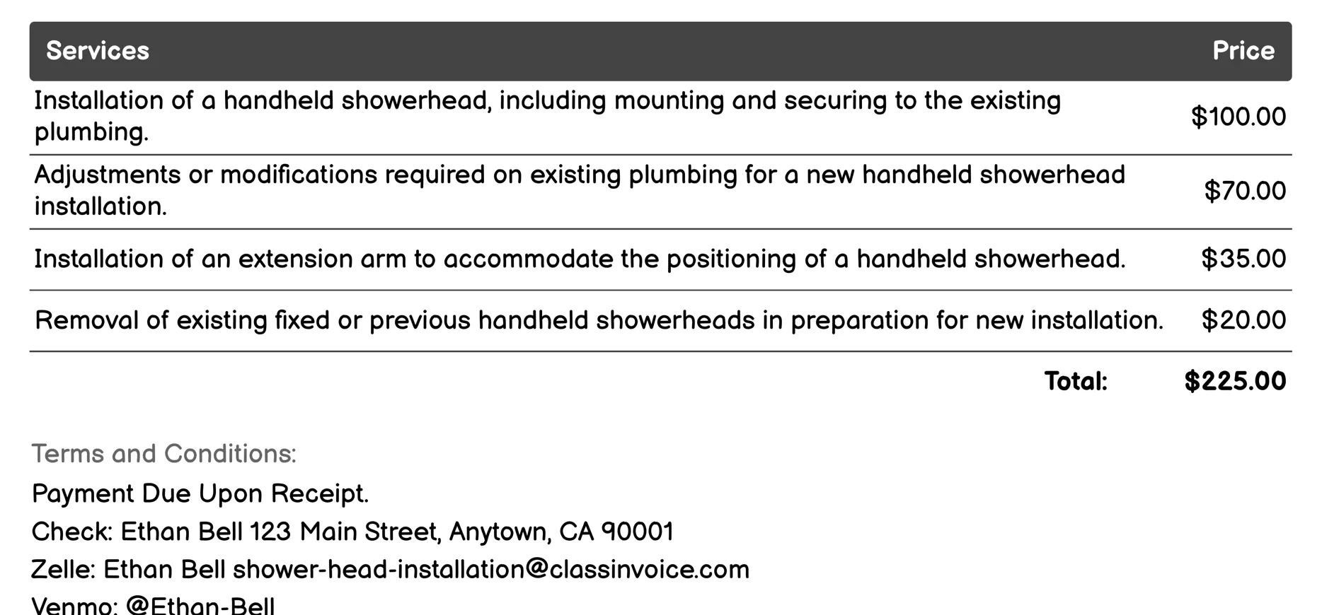 Handheld Showerhead Installation Invoice Example