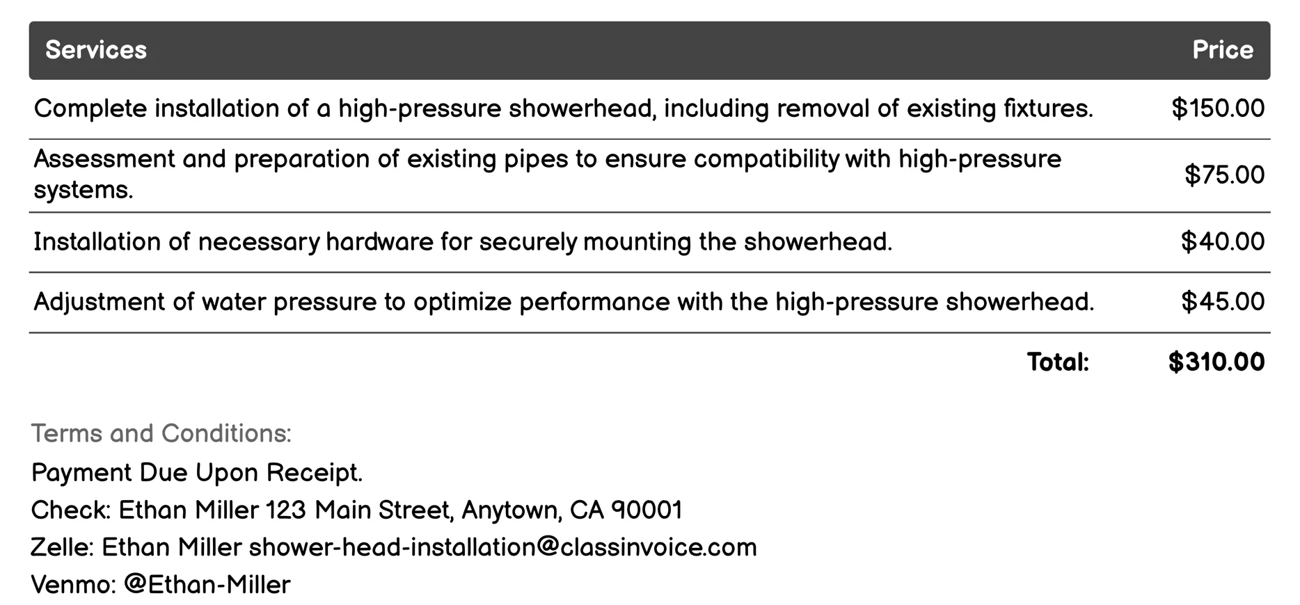 High-Pressure Showerhead Installation Invoice Example
