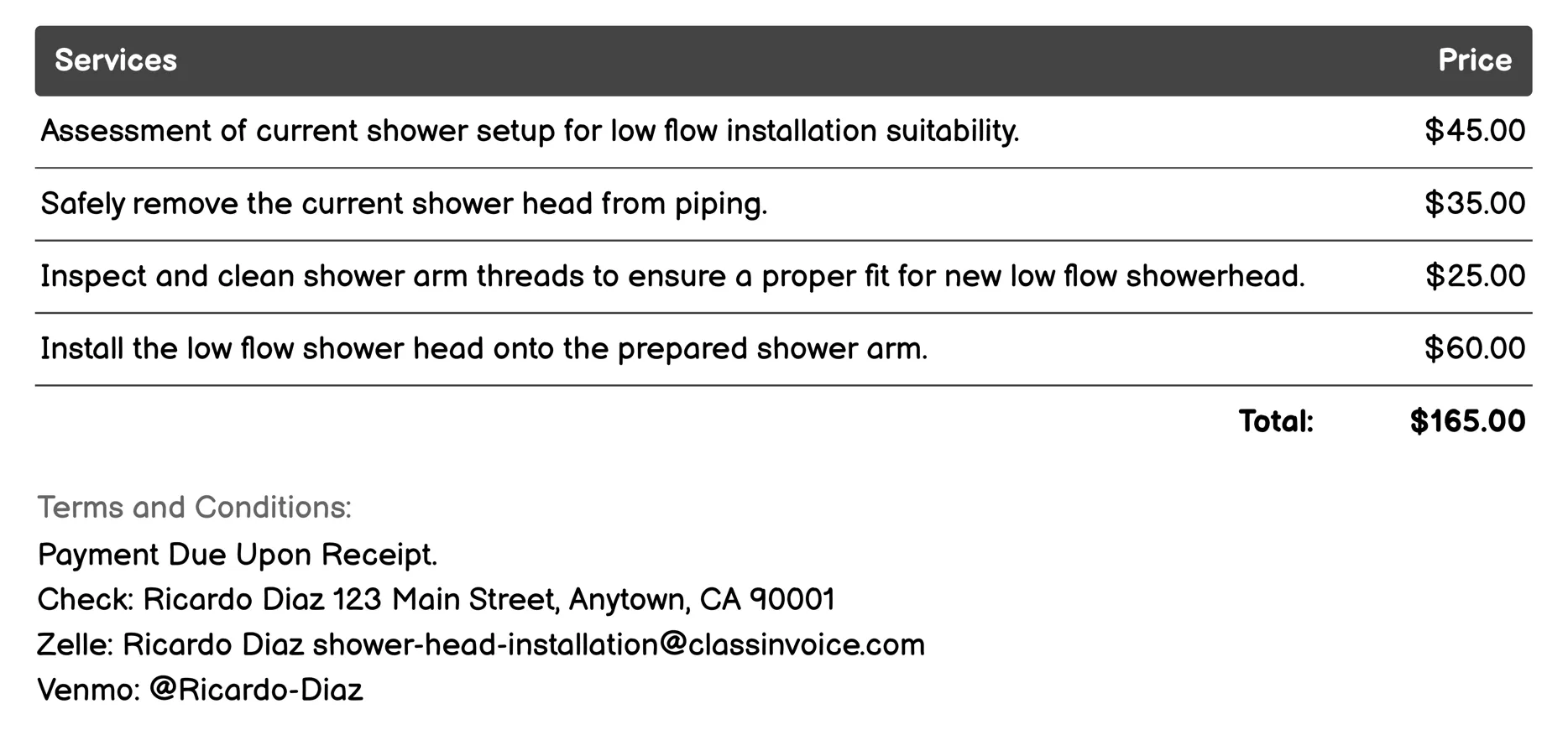 Low Flow Showerhead Installation Invoice Example