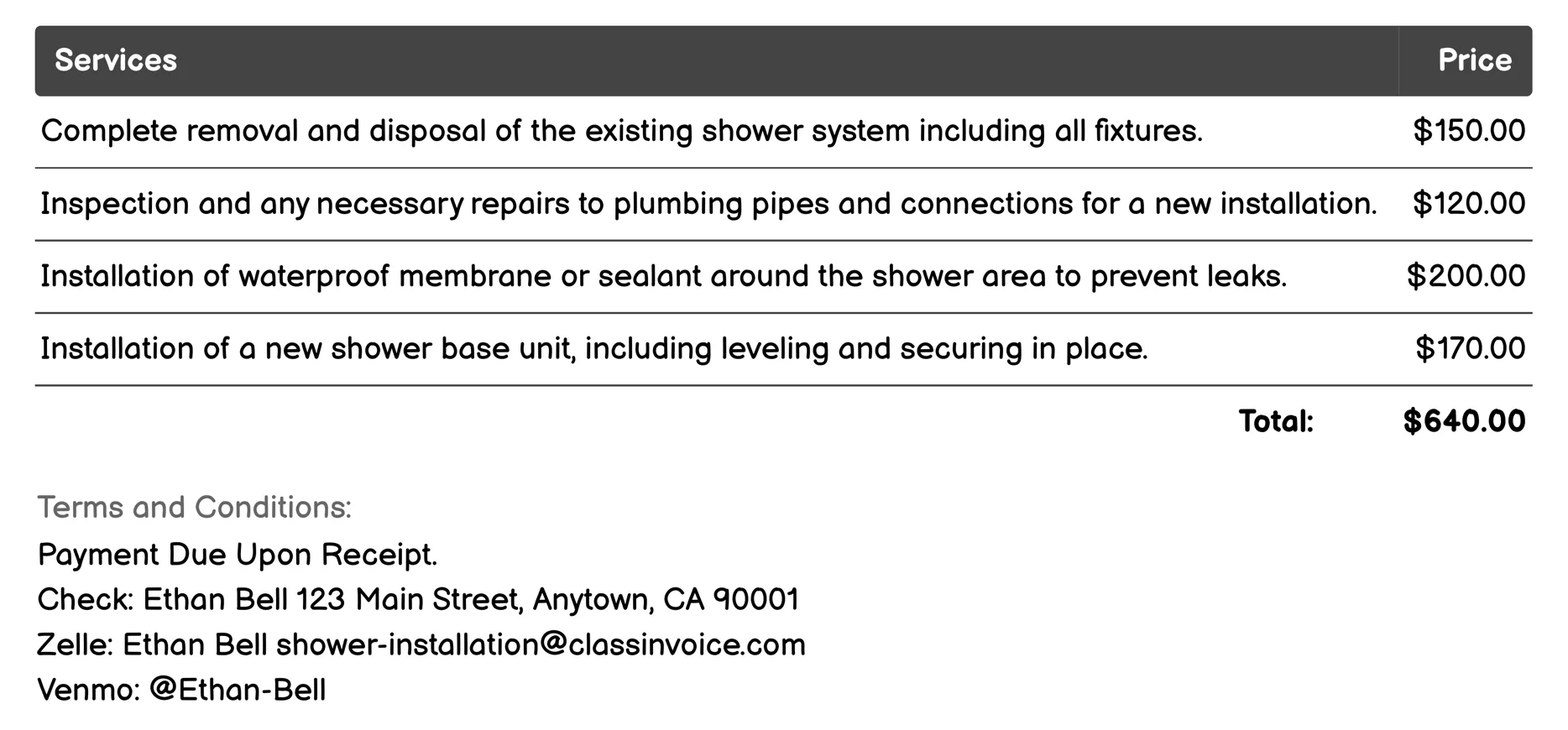 Shower System Replacement Invoice Example