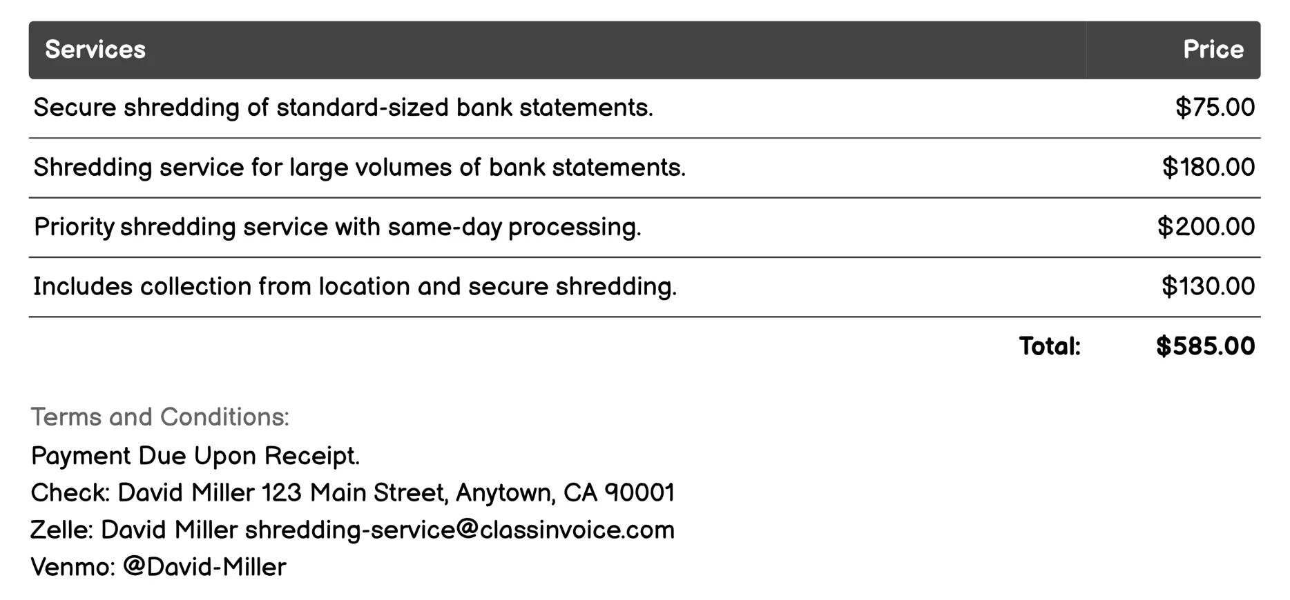 Bank Statement Shredding Invoice Example