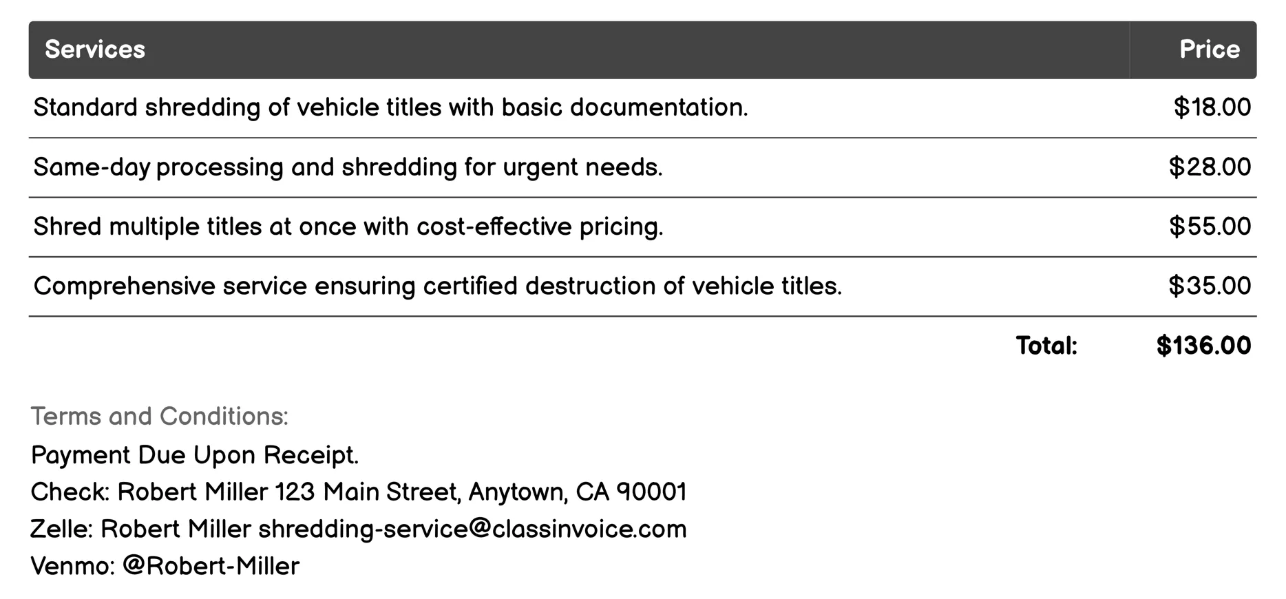 Vehicle Title Shredding Invoice Example