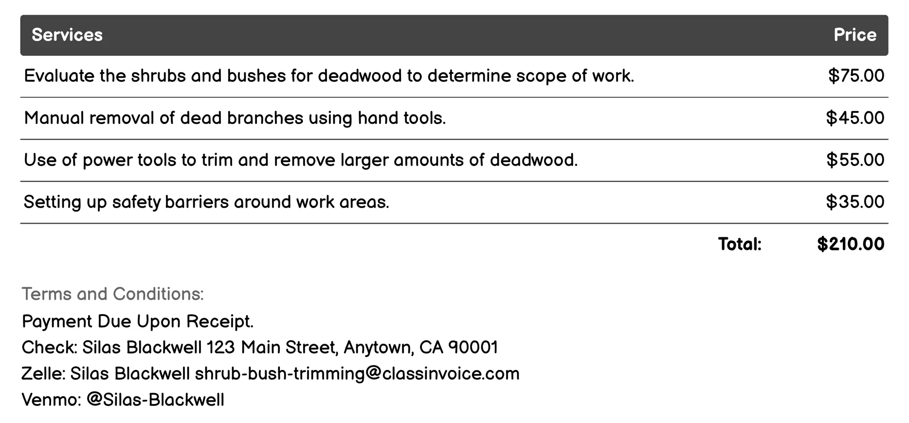 Deadwood Removal Invoice Example
