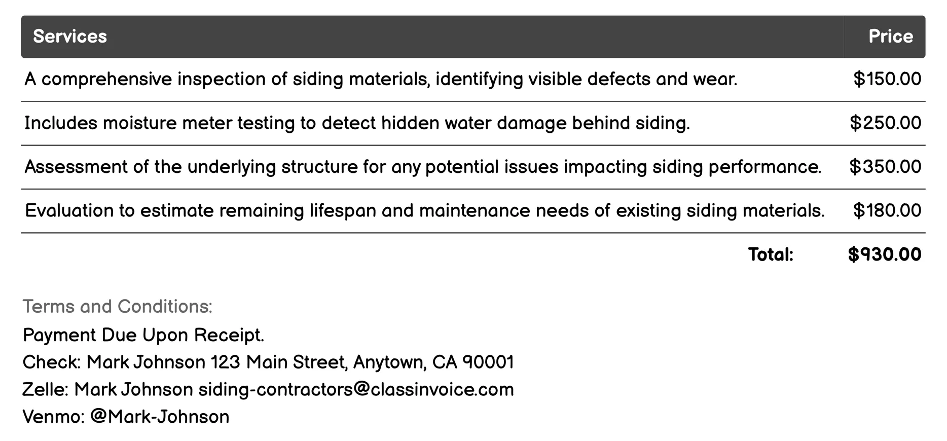 Siding Inspection Services Invoice Example
