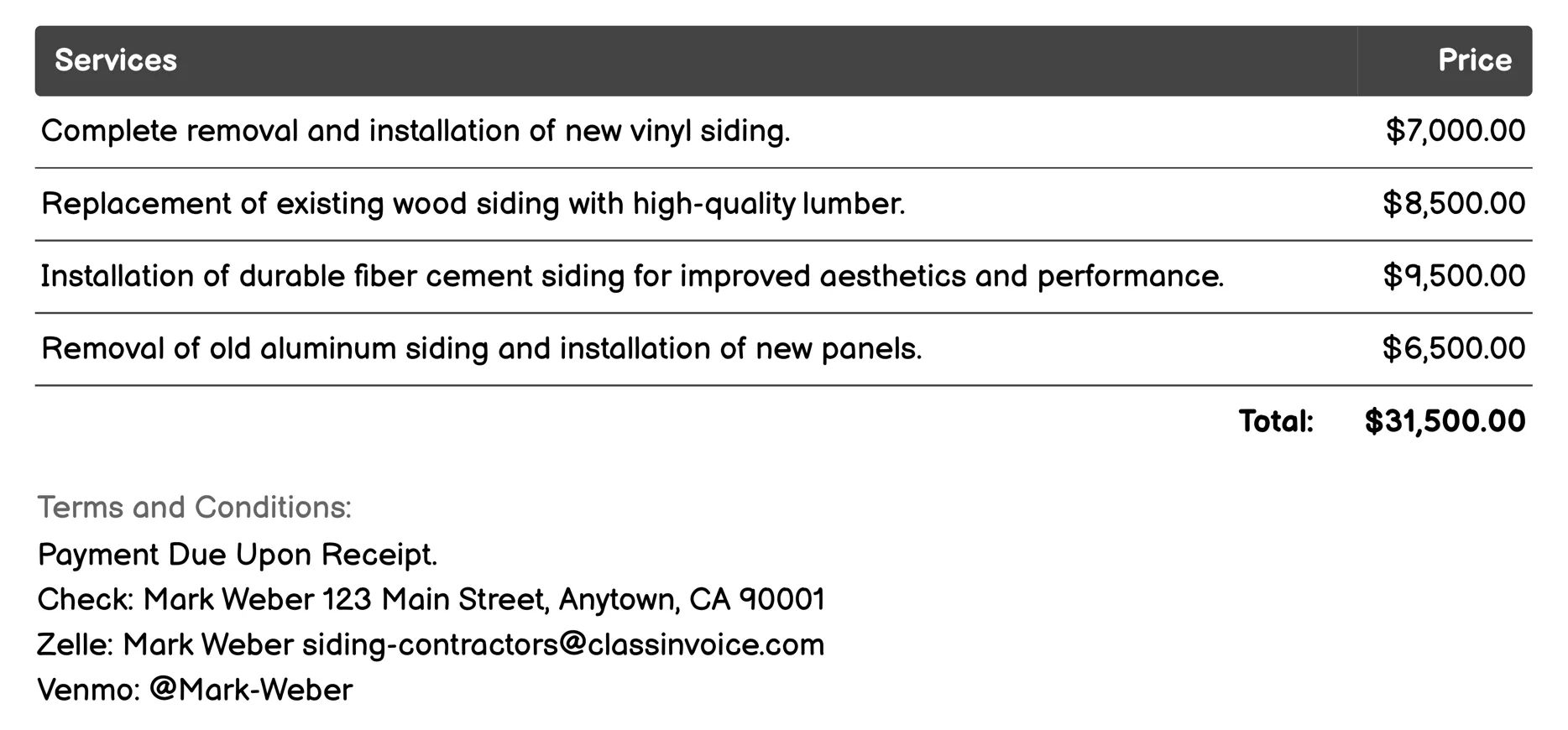Siding Replacement Services Invoice Example