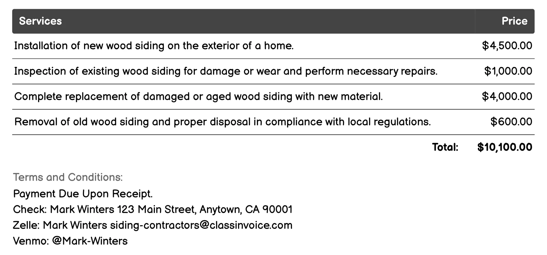 Wood Siding Installation Invoice Example