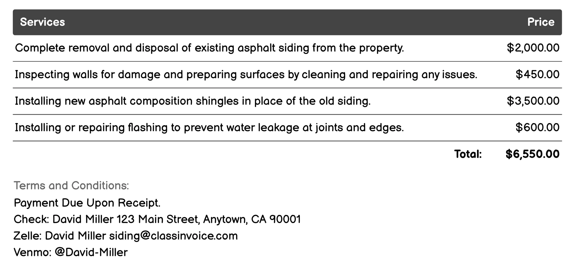 Asphalt Siding (Composition Shingles) Invoice Example