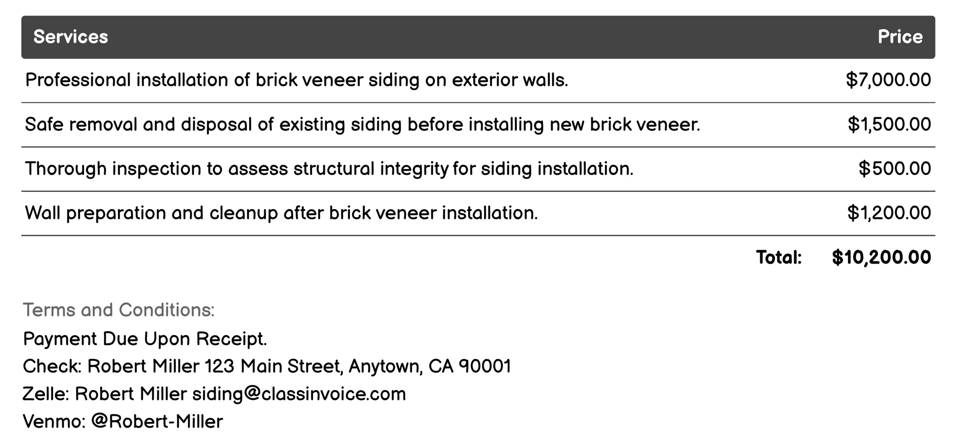 Brick Veneer Siding Invoice Example