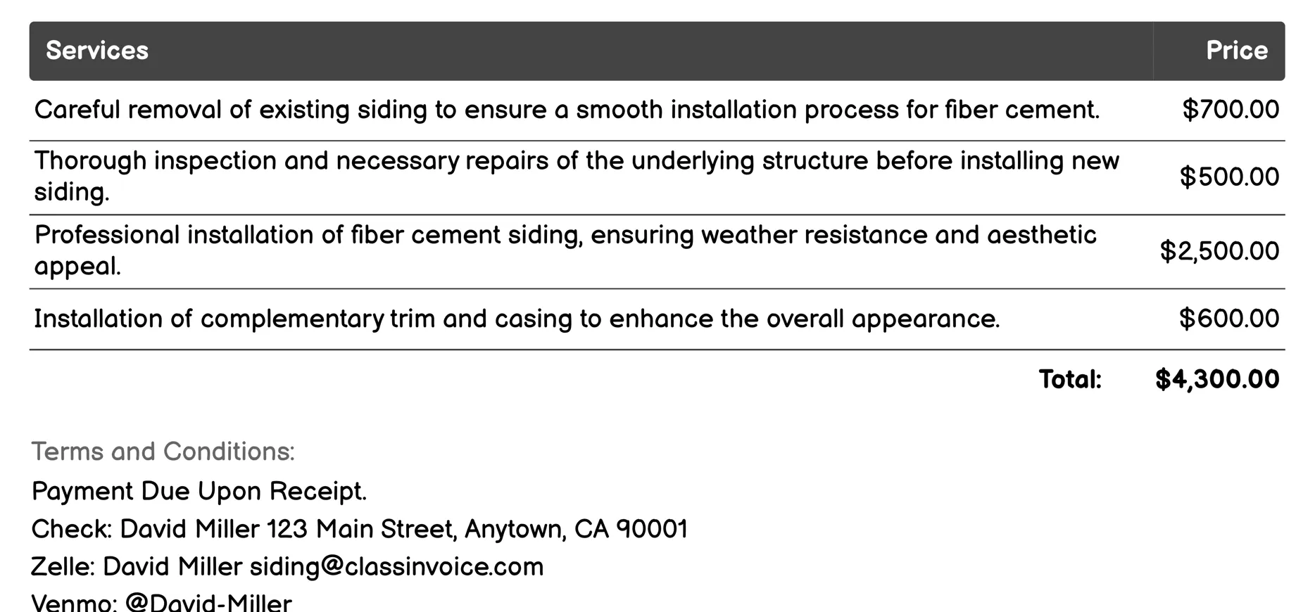 Fiber Cement Siding Invoice Example