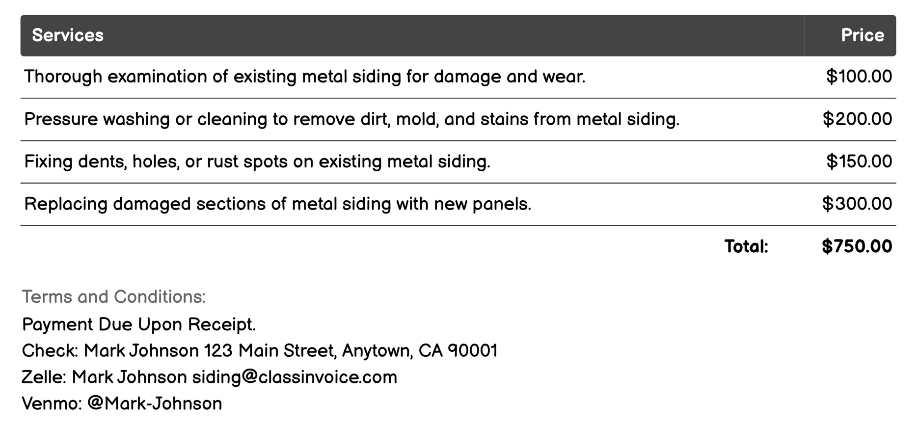 Metal Siding Invoice Example