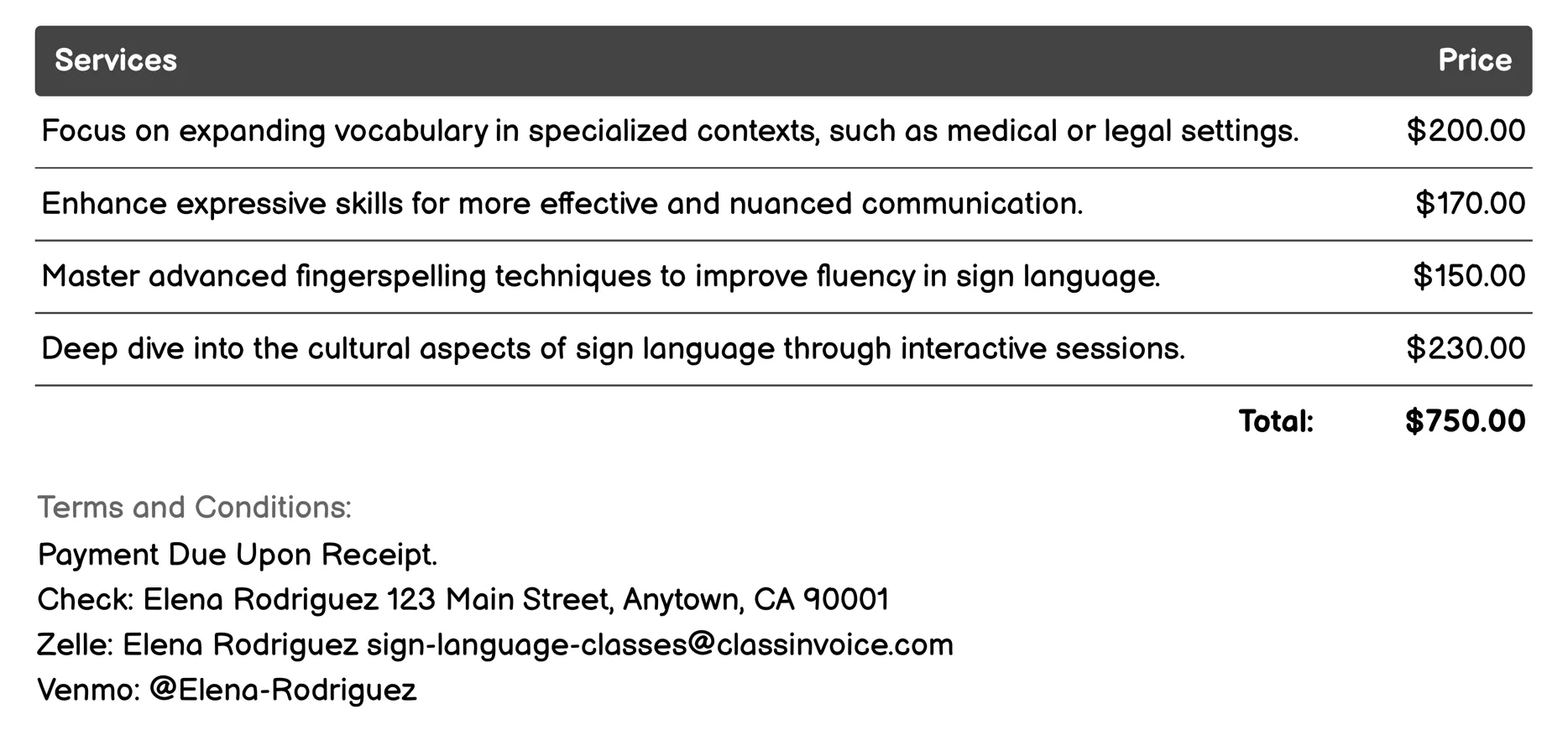 Advanced Sign Language Classes Invoice Example