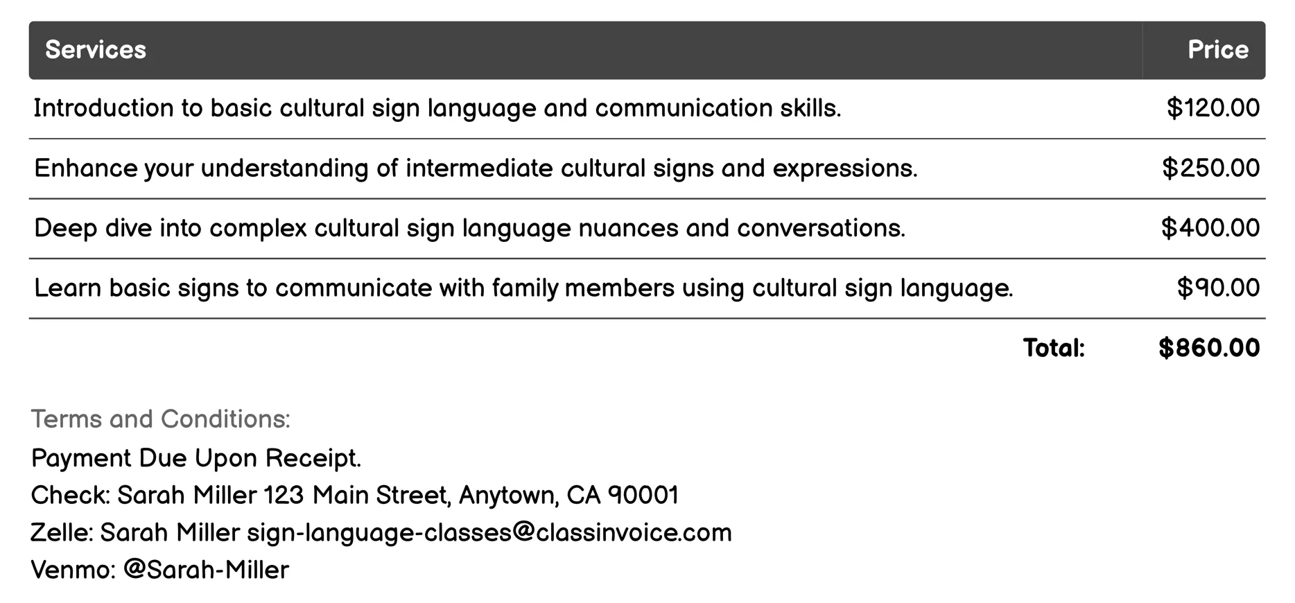 Cultural Sign Language Classes Invoice Example