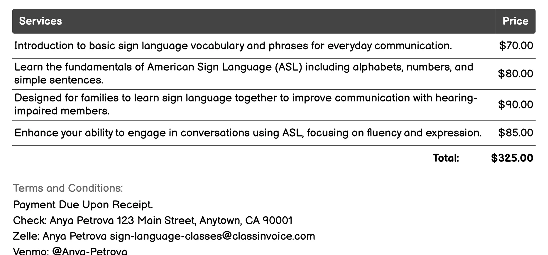 Online Sign Language Classes Invoice Example