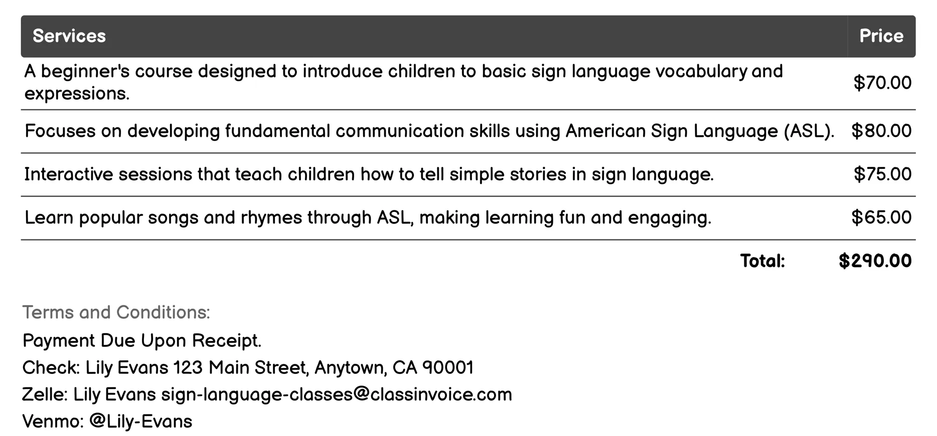 Sign Language Courses for Children Invoice Example
