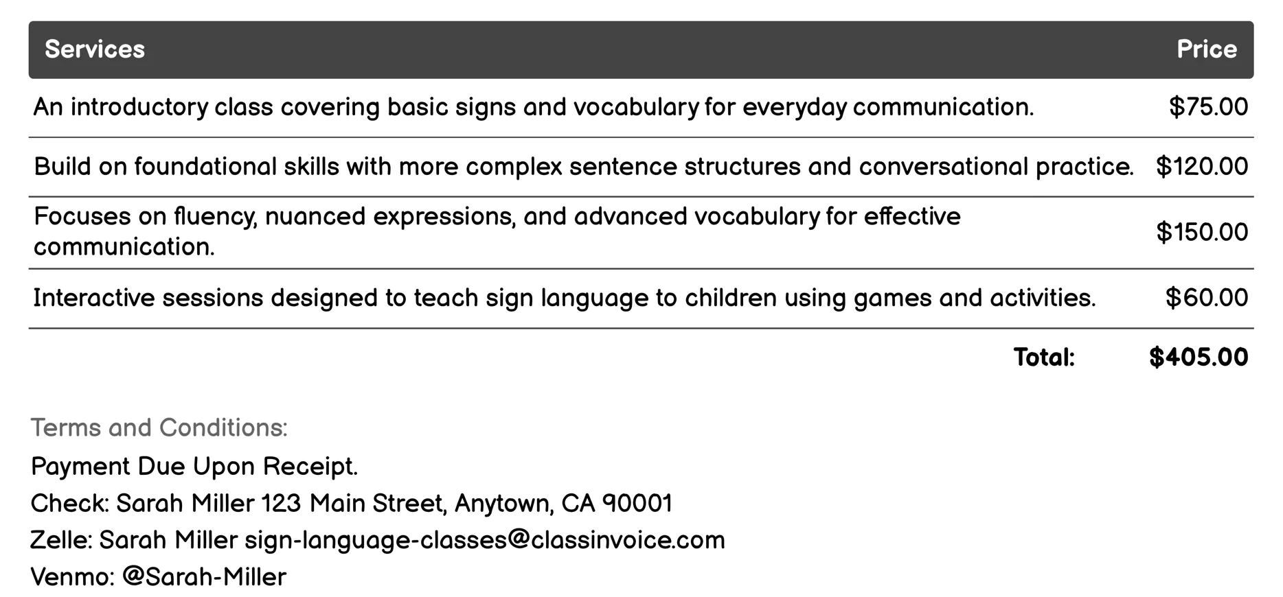 Sign Language Workshops Invoice Example