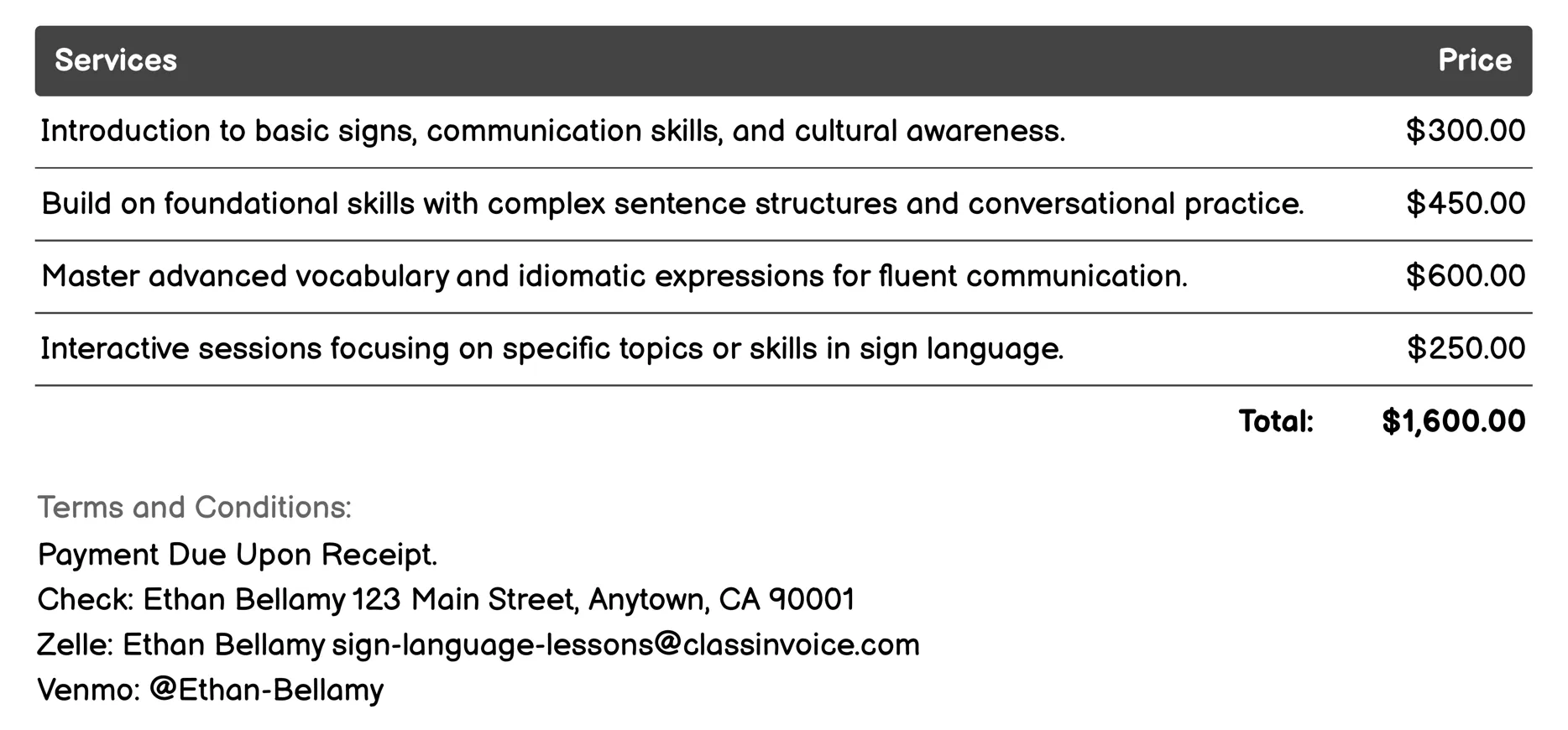 Customized Sign Language Programs Invoice Example