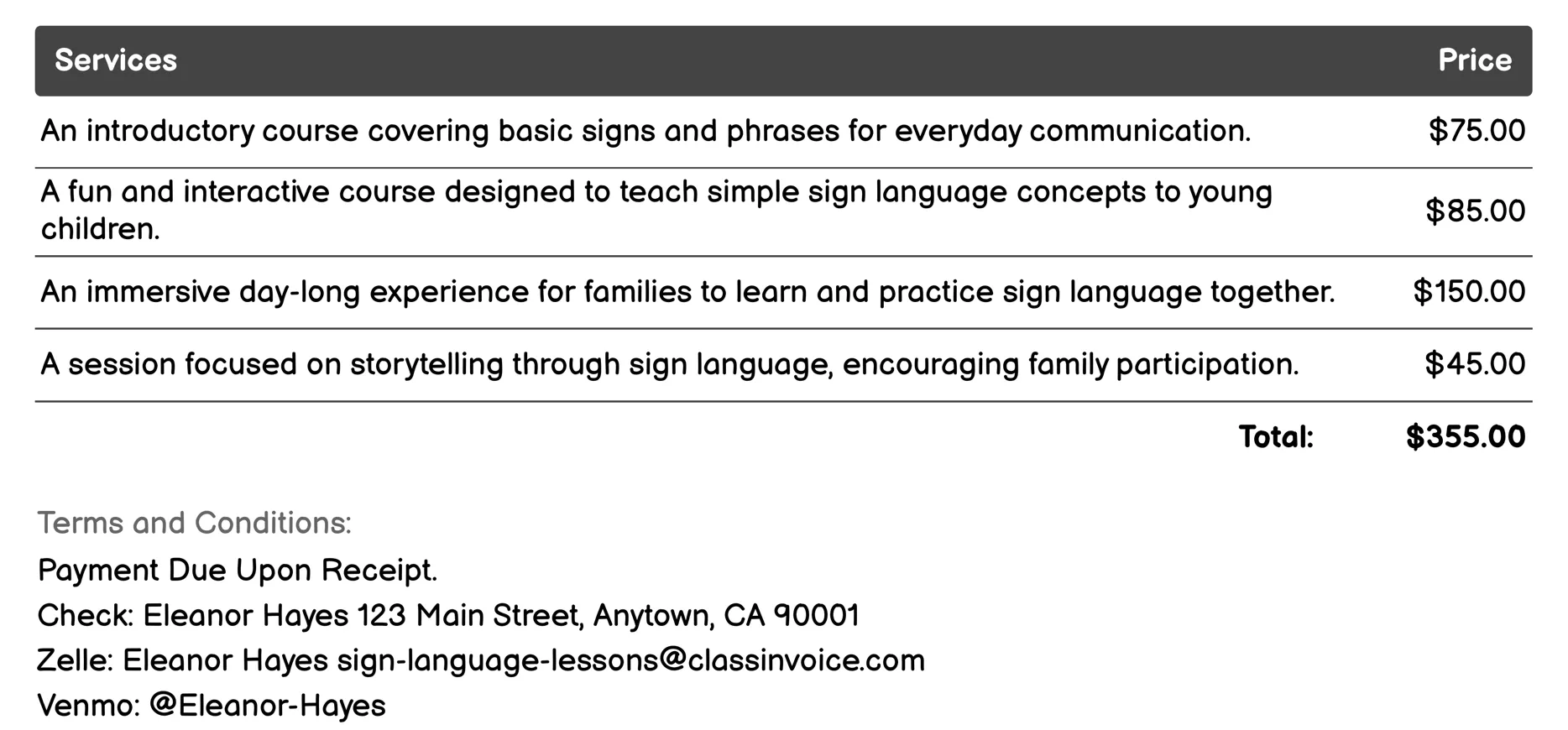 Family Sign Language Learning Invoice Example