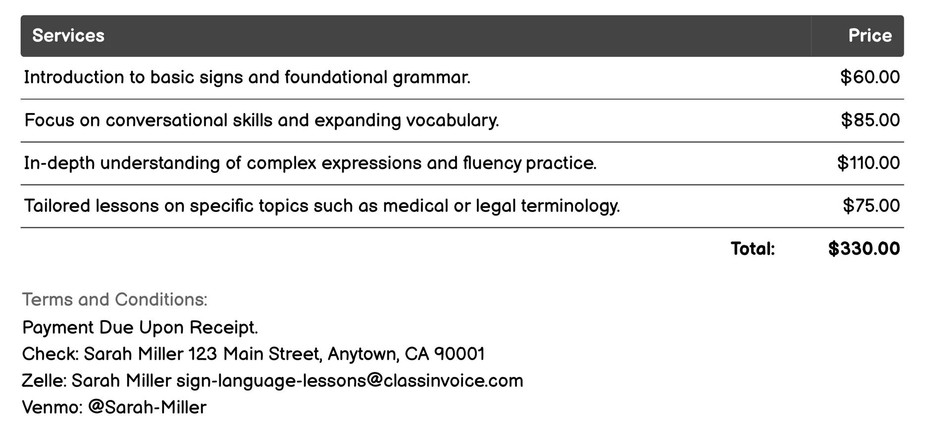 In-Person Private Lessons Invoice Example