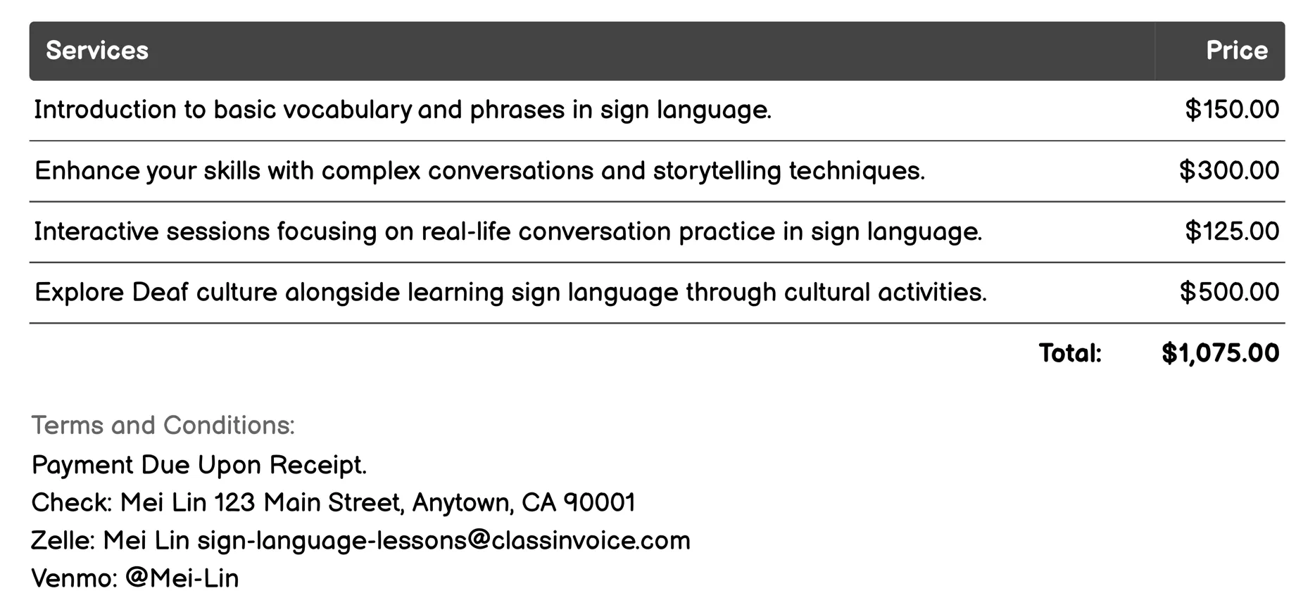 Sign Language Immersion Experiences Invoice Example